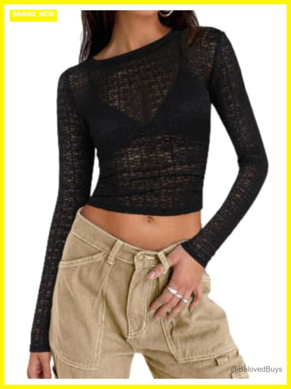 Women's Lace Long Sleeve Crop Top Back Cut Out Mesh Slim Fit Y2K